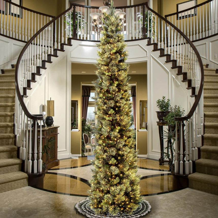 Trees | National Tree Company Pre-Lit Artificial Giant Slim Christmas Tree Green Carolina Pine White Lights Flocked with Pine Cones Includes Stand 12 feet F2L4F43